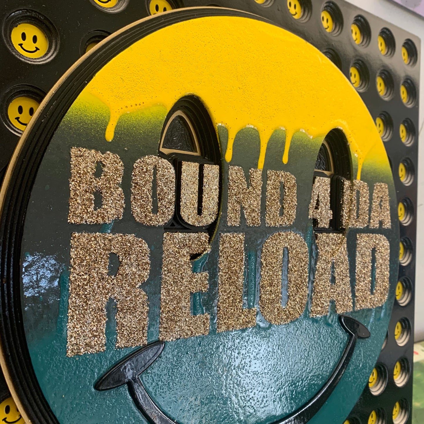 Bound 4 Da Reload happy sdrippy smiley artwork laser cut image on painted background with mini inset smileys house rave dance culture drum'n'bass jungle wallart
