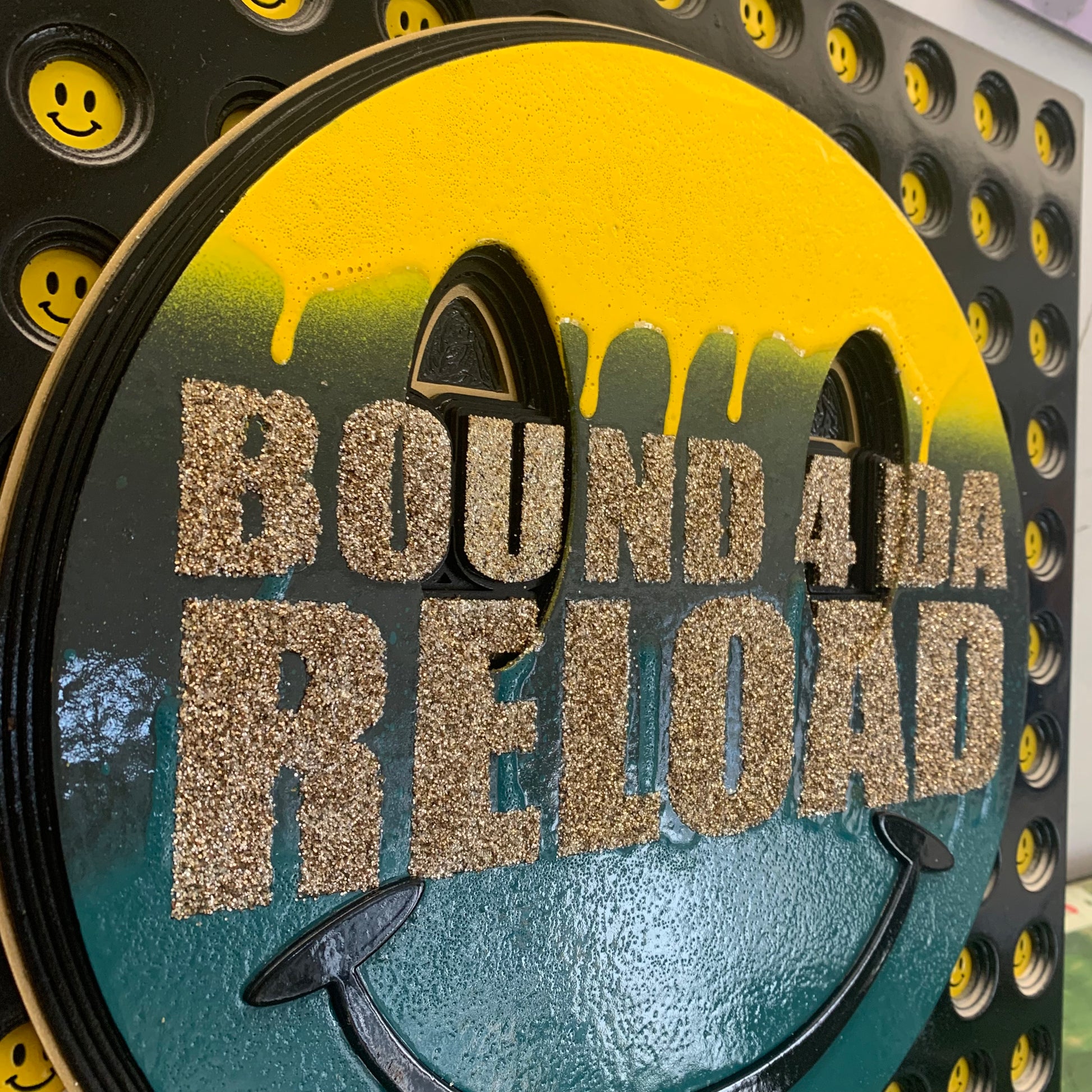 Bound 4 Da Reload happy sdrippy smiley artwork laser cut image on painted background with mini inset smileys house rave dance culture drum'n'bass jungle wallart