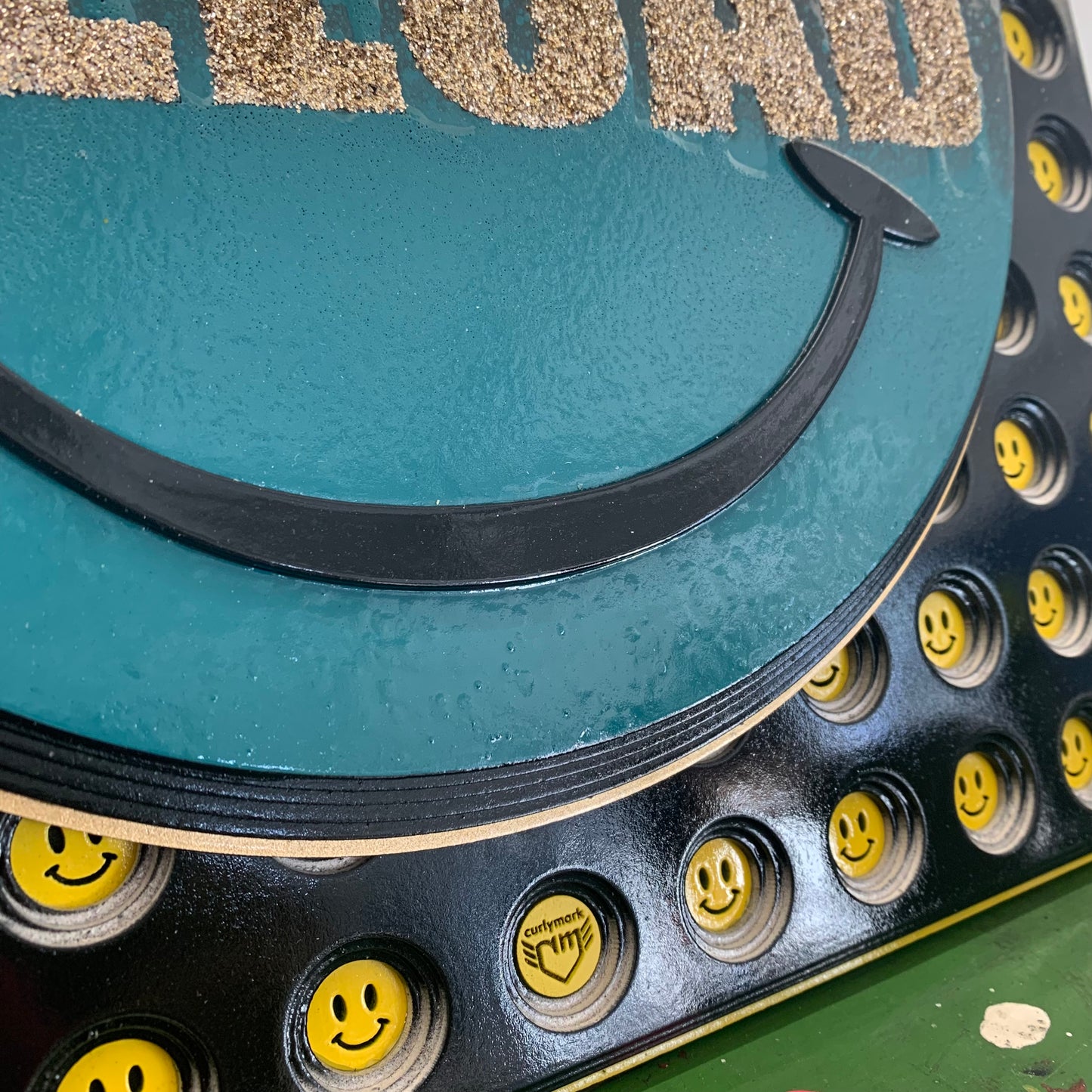 Bound 4 Da Reload happy sdrippy smiley artwork laser cut image on painted background with mini inset smileys house rave dance culture drum'n'bass jungle wallart