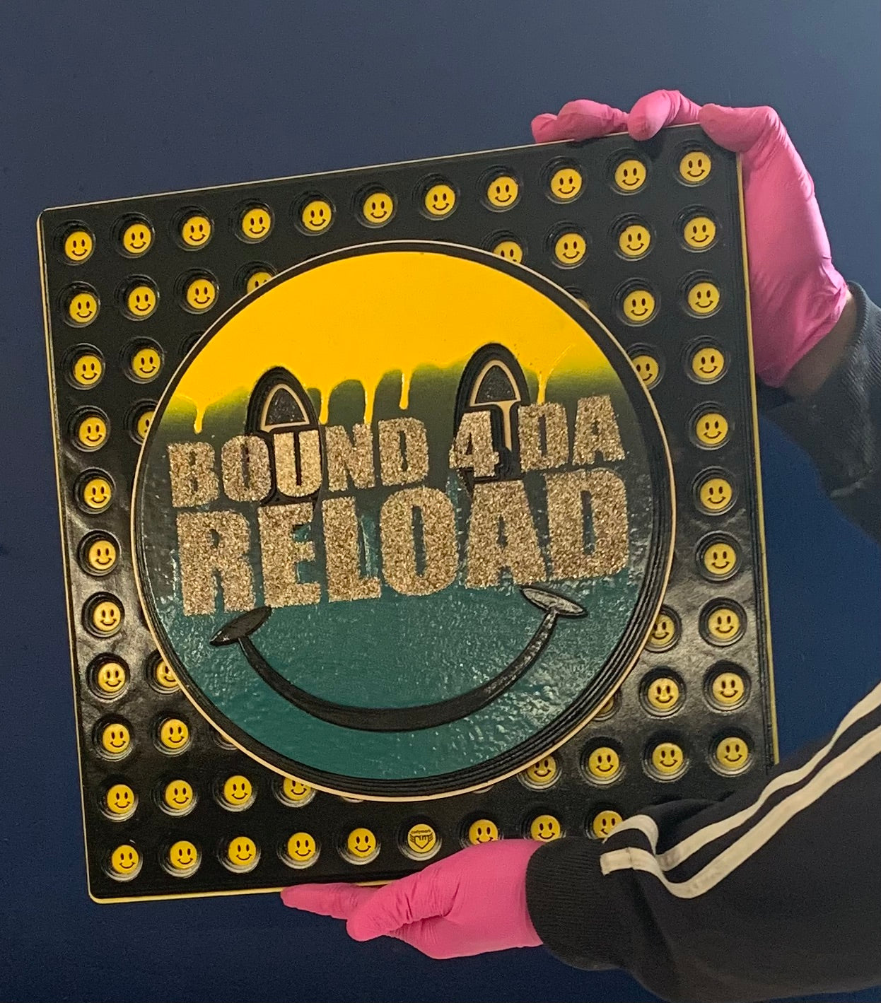 Bound 4 Da Reload happy sdrippy smiley artwork laser cut image on painted background with mini inset smileys house rave dance culture drum'n'bass jungle wallart pink rubber gloves