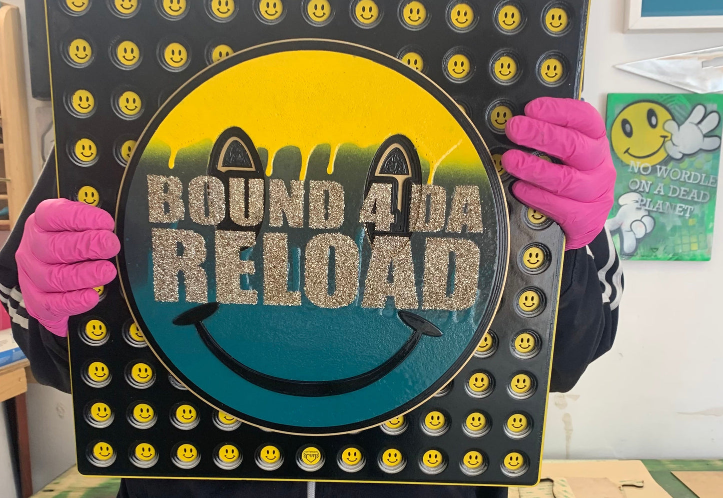 Bound 4 Da Reload happy sdrippy smiley artwork laser cut image on painted background with mini inset smileys house rave dance culture drum'n'bass jungle wallart