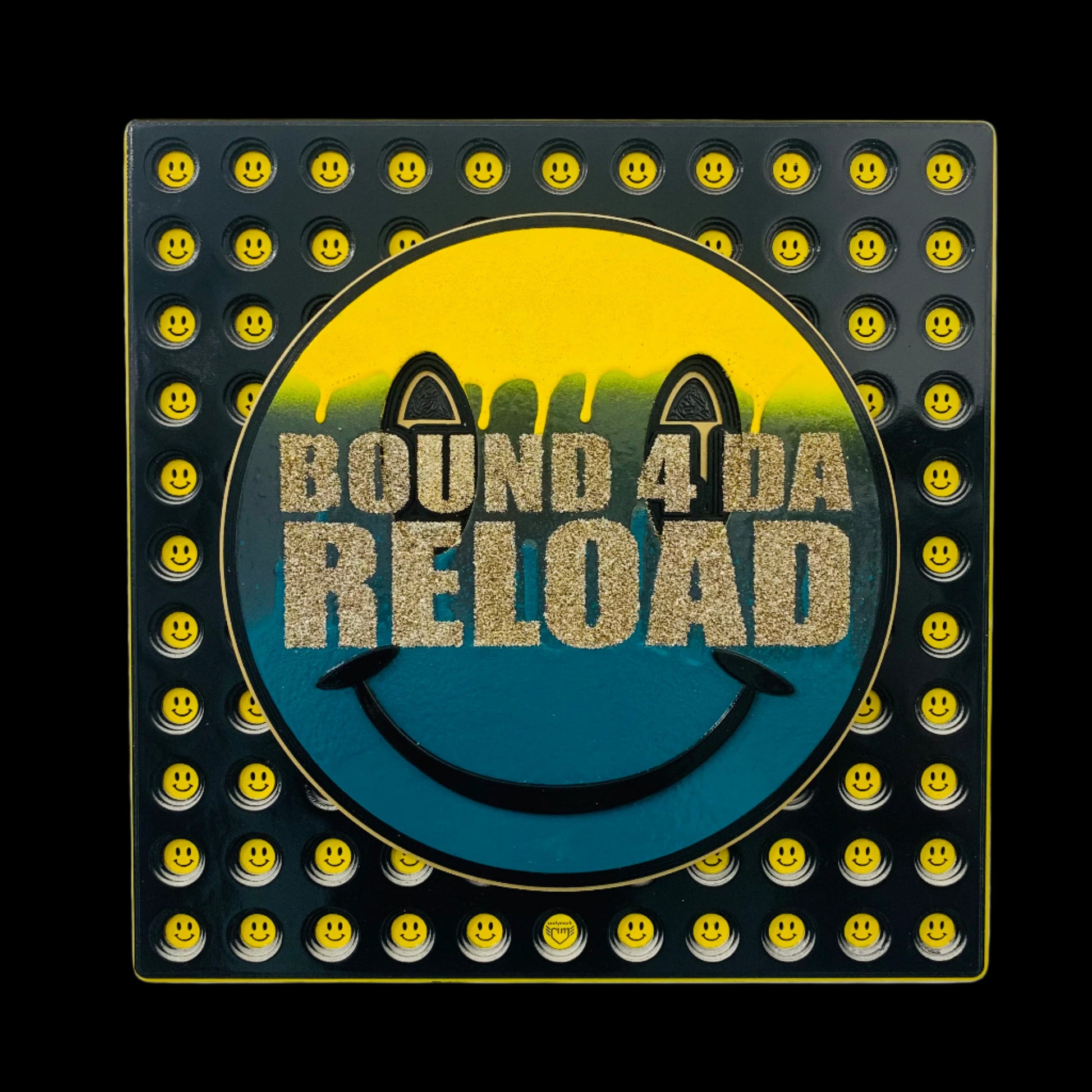 Bound 4 Da Reload happy sdrippy smiley artwork laser cut image on painted background with mini inset smileys house rave dance culture drum'n'bass jungle wallart