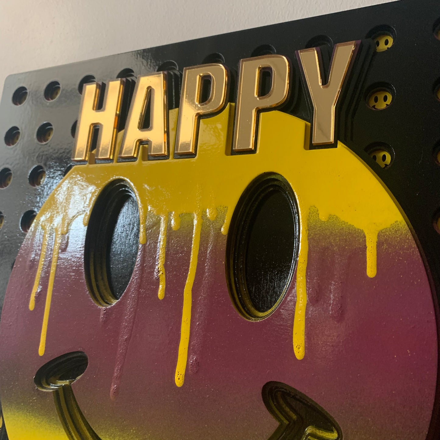 Happy Daze Deep set smiley faces rave culture house music 3D sculpture wall art pop art mirror acrylic originaldrippy paint psychedelic art