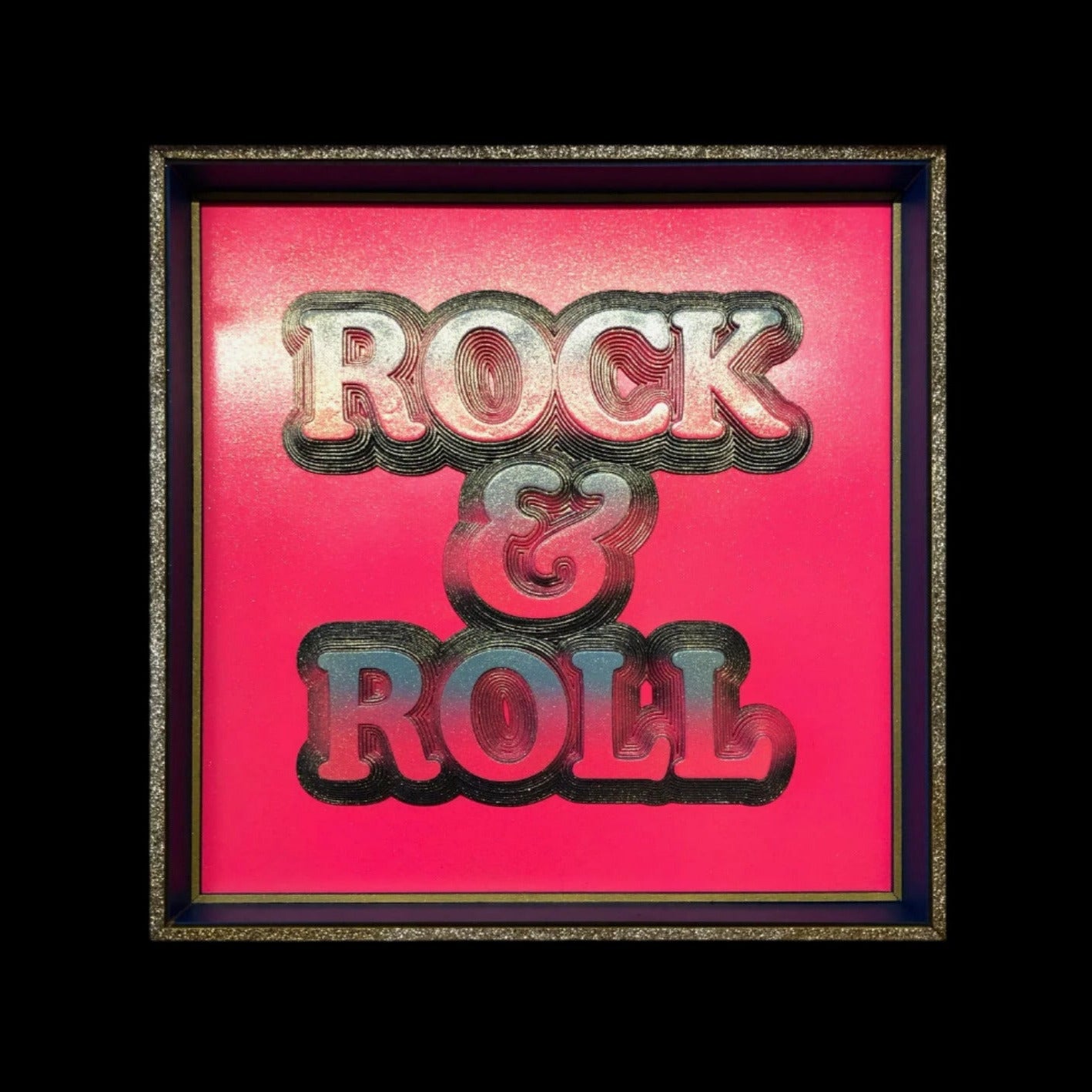 Multiple layered laser cuts finished in hot pink and glitter with a glossy varnish. Built in to a hand made box frame in complimentary colours. pop art cooper font rock and roll maximalist artwork wallart