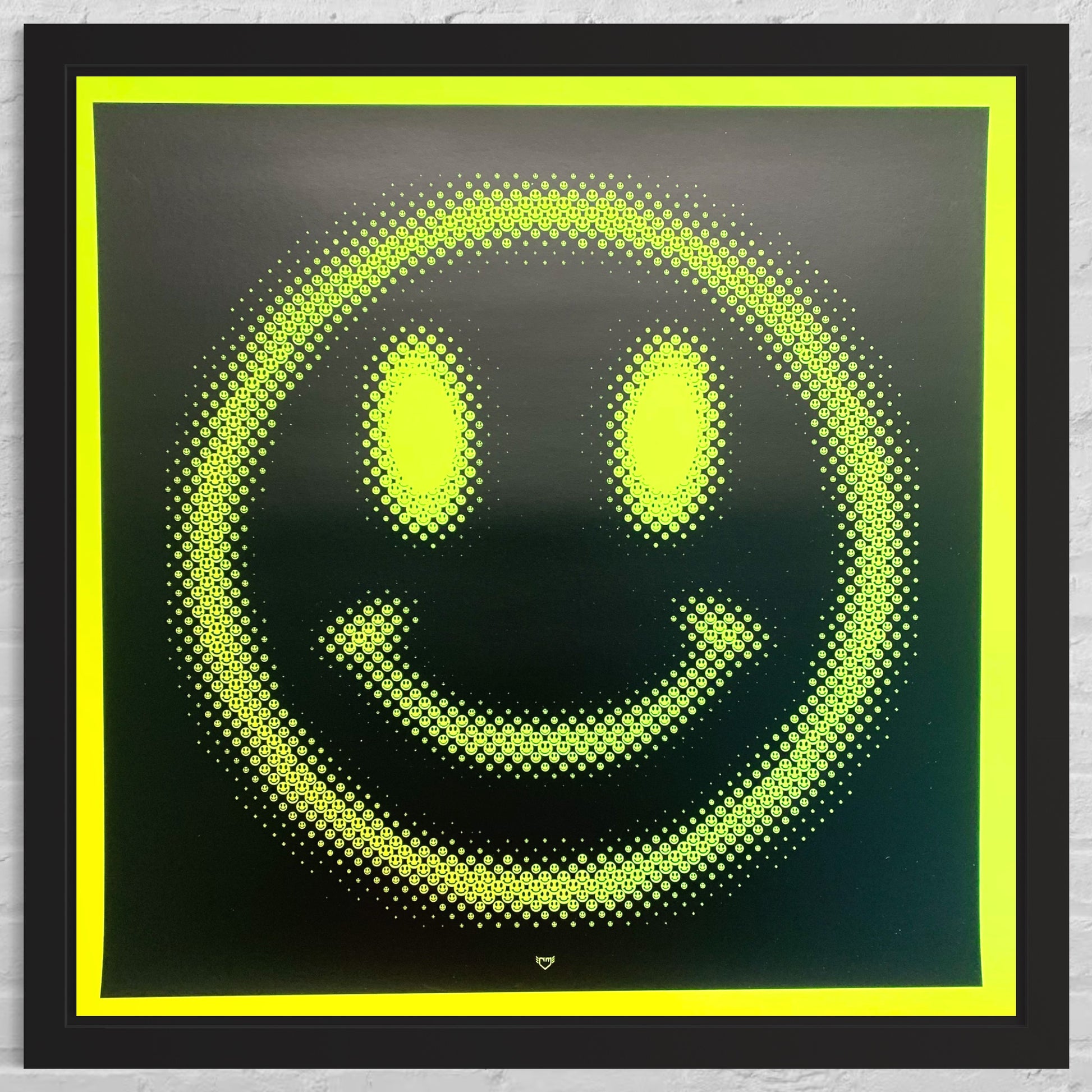 Neon yellow smiley face design on a black background with yellow border