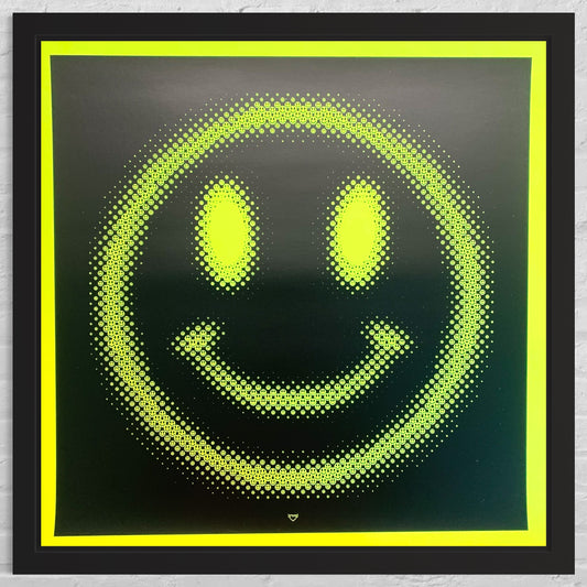 Neon yellow smiley face design on a black background with yellow border